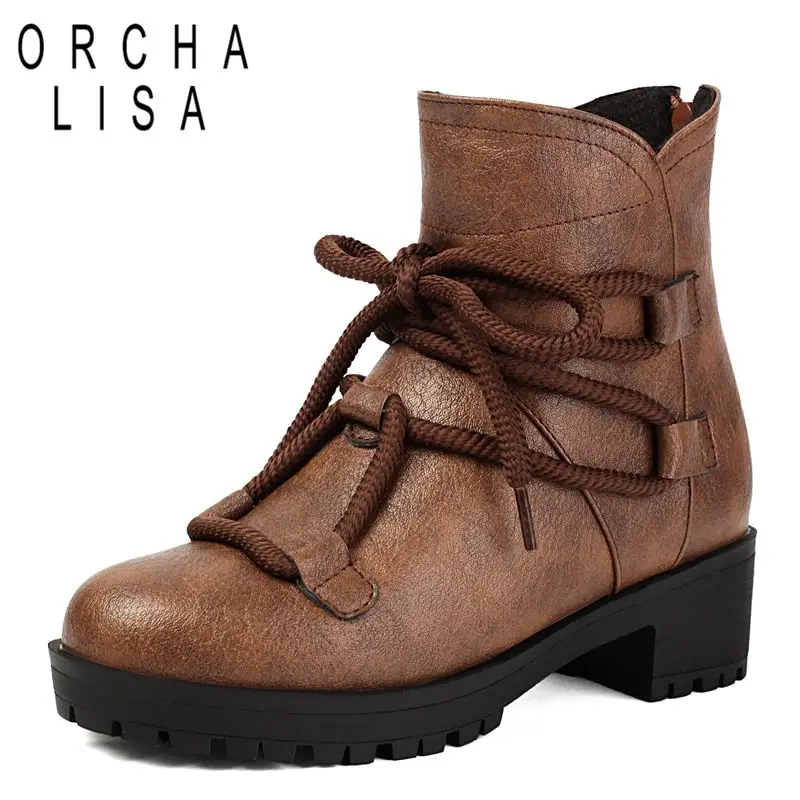 

ORCHA LISA Классические женские ботильоны с круглым носком на блочном каблуке 4,5 см на платформе со шнуровкой Большой размер 44 45 46 Мягкие повседневные ботильоны для отдыха