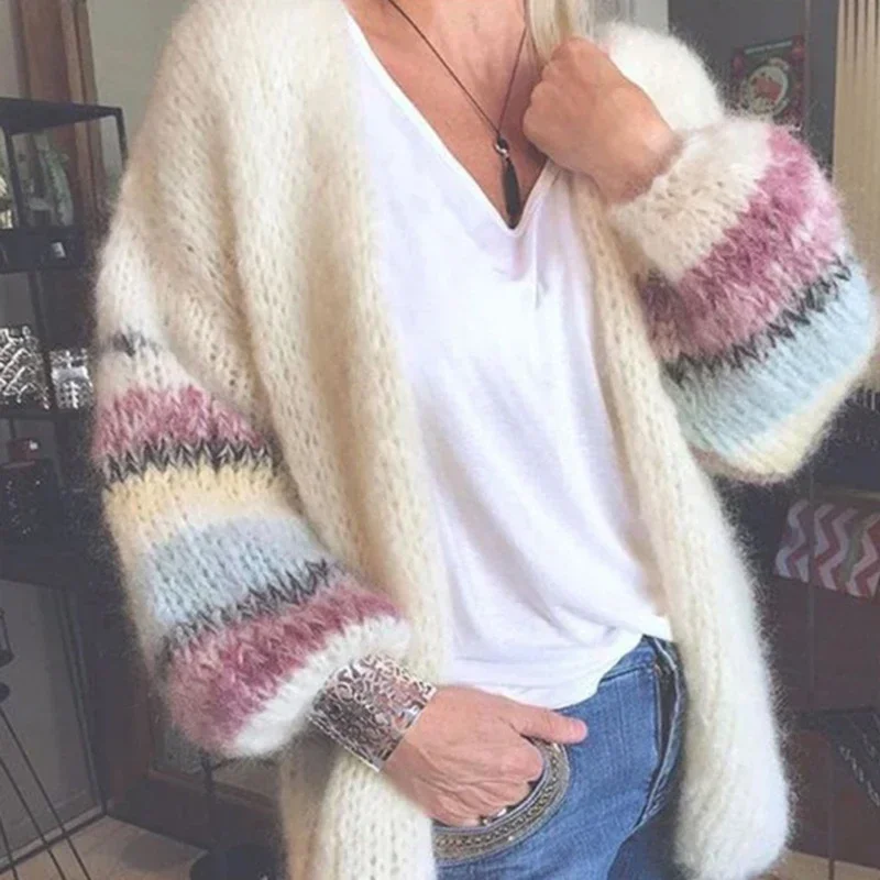 2022 Women Autumn And Winter New Fashion Striped Mohair Casual Long Sleeve Sweater Knitted Cardigan Jacket New Women Cardigan