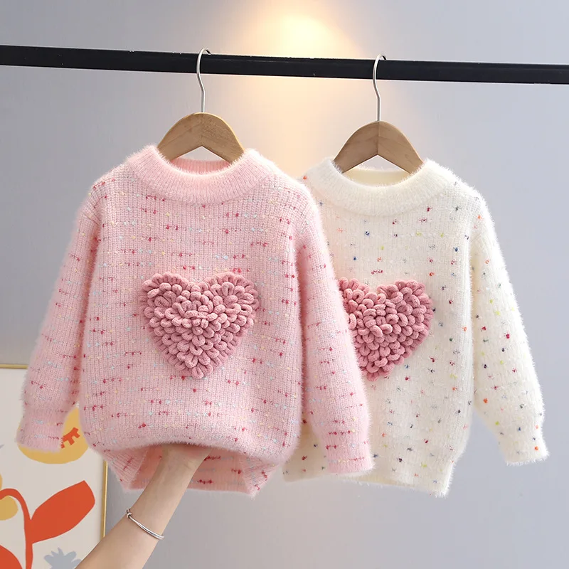 

Children Autumn Winter Knitwear Love Heart O-Neck Pullovers Loose Colorful Spot Sweater Top New Girl Long Sleeve Clothes