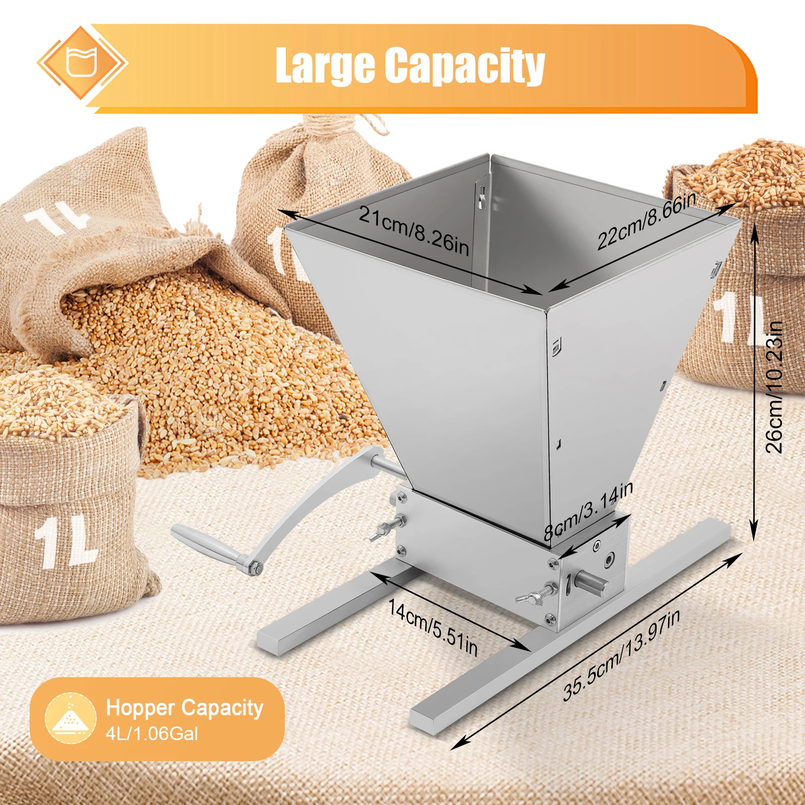 

4L Manual Malt Mill Crusher Stainless Steel Barley Grain Grinder Adjustable Roller Crank/Electric Drill Grinder for Home Brew