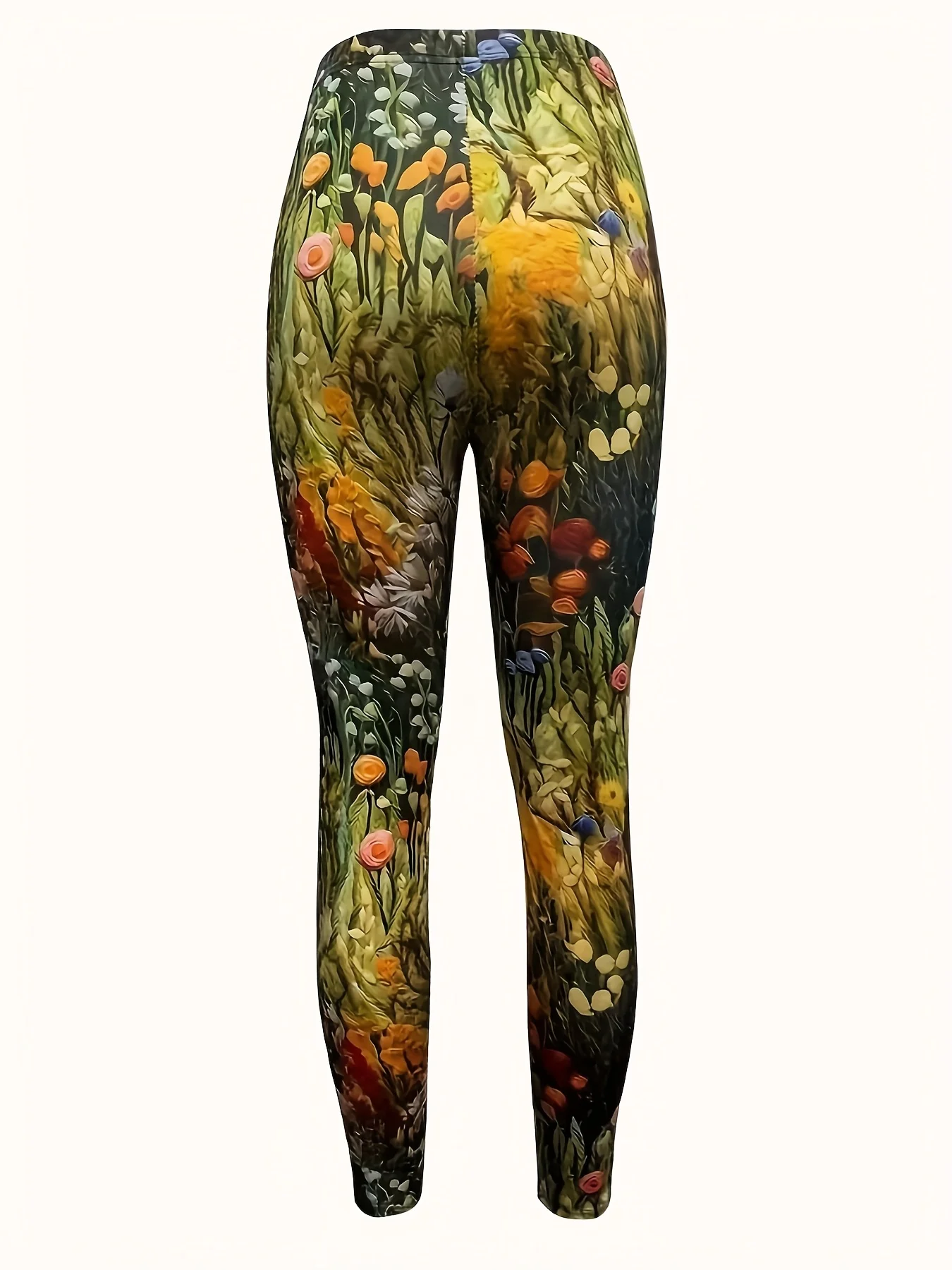 Women Mid Waist Fleece Lined Leggings Vintage Wildflower Oil Painting Print Slim Fit Thermal Winter Pants