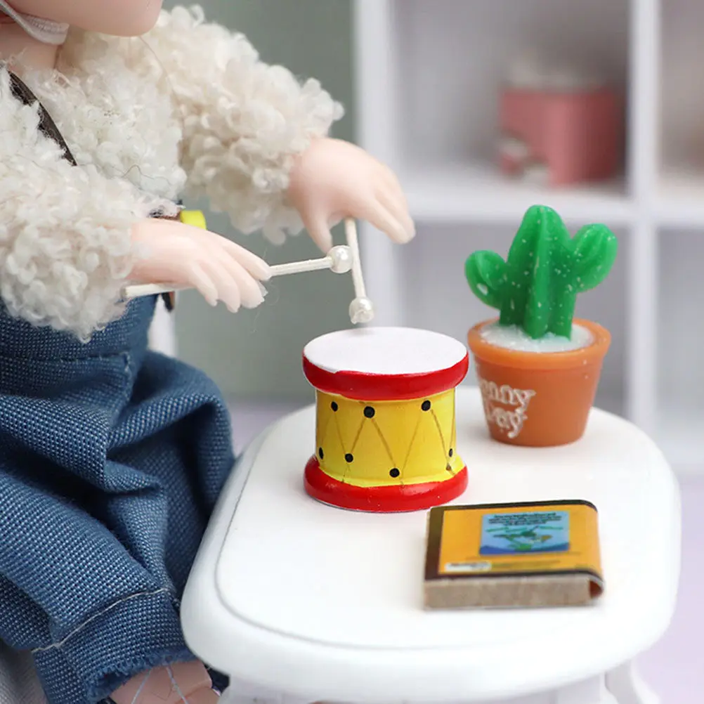 

1Set Miniature Drum and Drumstick Decor Small House Furniture Micro Landscape Ornament for Kids Room Desktop Collection Display