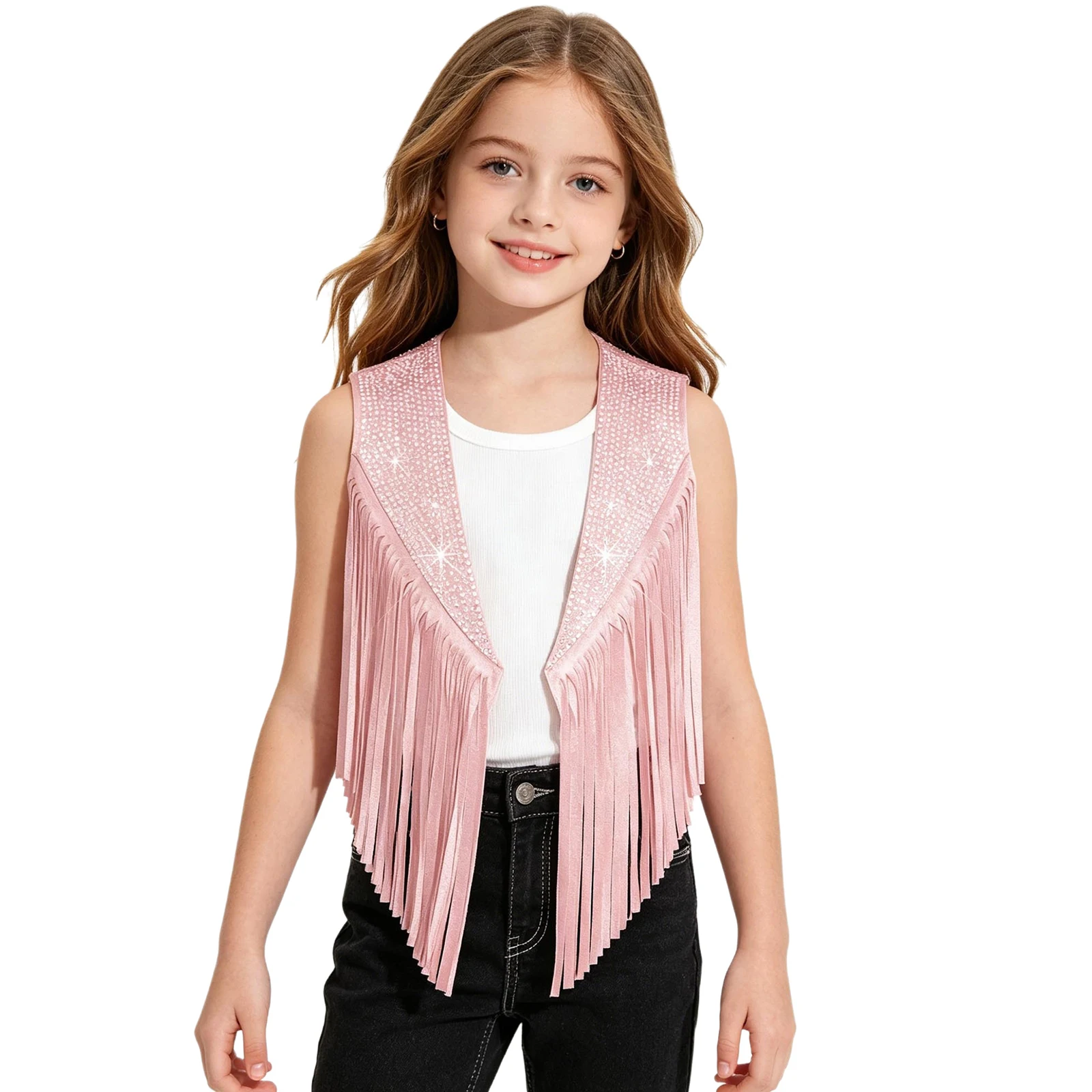 Girls Halloween Western Cowboy Cowgirl Costume Tassels Vest Sparkly Rhinestones Sleeveless Open Front Fringed Waistcoat