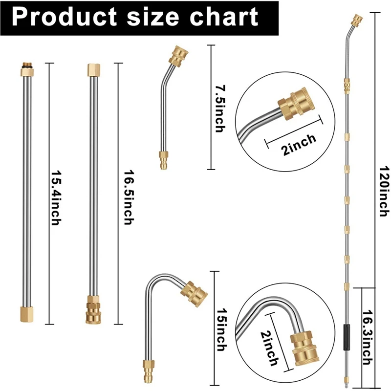 7 Pieces Pressure Washer Extension Wands 10Ft Replacement Lance, Curved Rod 30 Or 120 Degree, 6 Pieces Spray Nozzle Tips