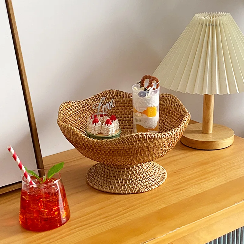 Nordic Handmade Autumn Rattan Woven Basket Storage Basket American Living Room Table Top Tall Fruit Snack Plate