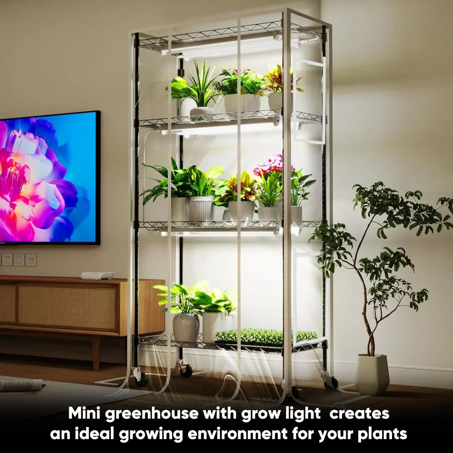 Indoor Greenhouse with Grow Light and Shelves,4-Tier Metal Plant Shelf with Full Spectrum Growing Lamps