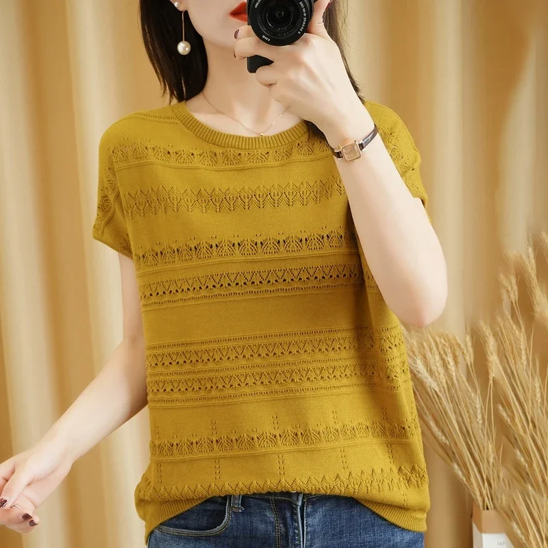 New cotton linen knitted short-sleeved round neck thin section hollow casual T-shirt women 2023 summer loose top