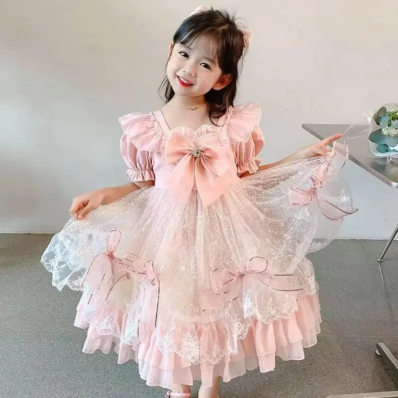 Birthday Party Lolita Dress Girls Kids 2024 Summer Lace Pink Long&Short Sleeve Dress Cute Princess Doll Teen Dress For Girls