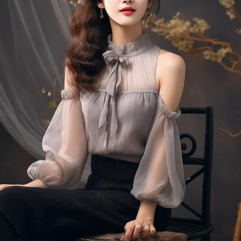 Sexy Woman Top With Bow Loose Shirts & Blouses For Women Modern Long Elegant Chic New Collection 2024 Offer Promotion Hot Pretty