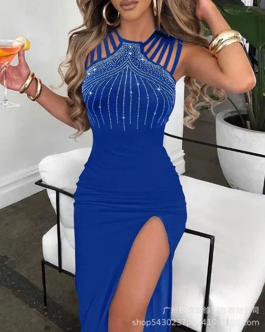 CPSYMYM-vestidos sexys para mujer, decoración de diamantes de imitación, elegante, con múltiples correas, abertura larga, cuello redondo, sin mangas, Maxi vestido de fiesta ajustado