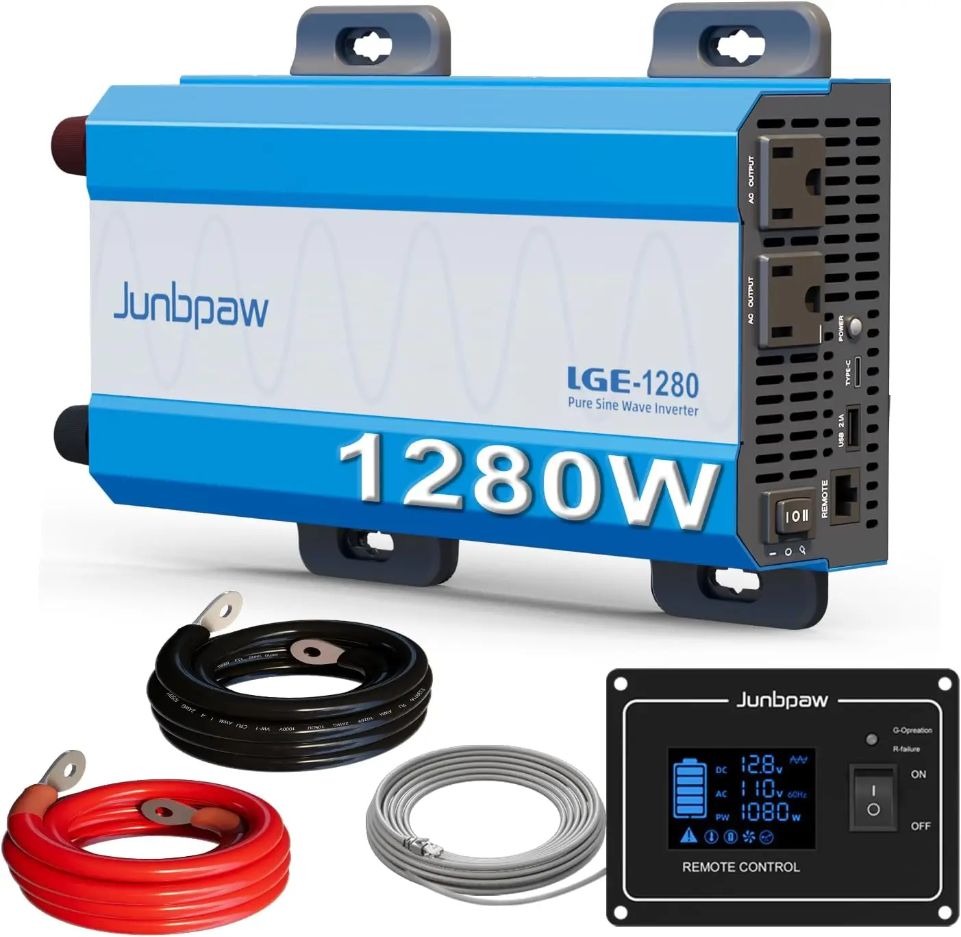 1280W Pure Sine Wave Power Inverter - 3600W Surge, 12V to 120V AC Converter for Home, RV & Outdoor Use