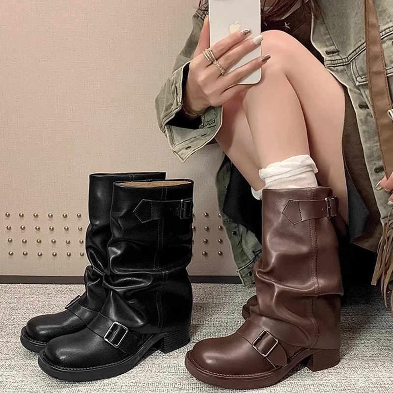 Autumn Winter Thick High Heels Women Mid Calf Boots Hot Sale Gothic Calves Motorcycles Boots Buckle Comfy Walking Boots