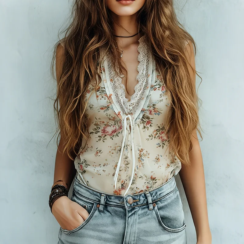 Women Floral Print Tank Top Summer Lace Trim V Neck Tie Front Sleeveless Vest Top Sexy Casual Cami Boho Blouse