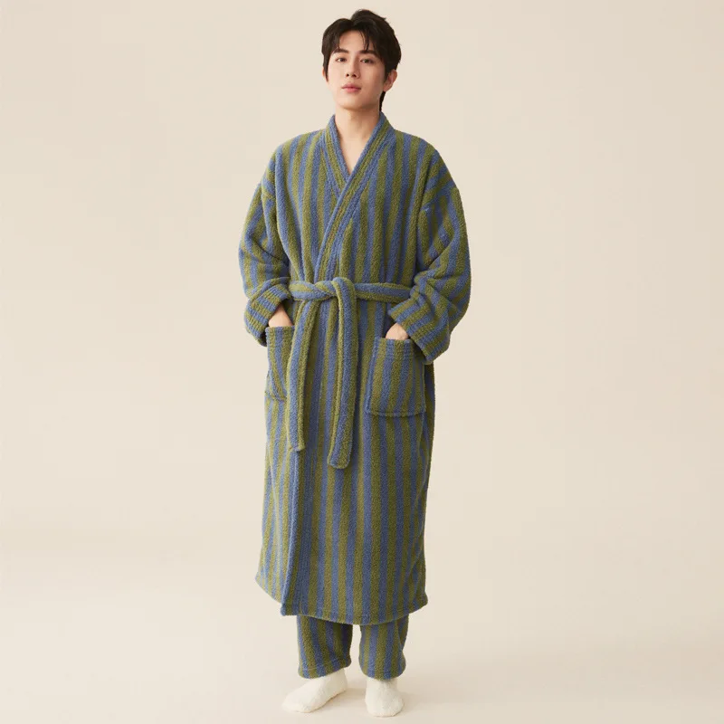 Thickened Flannel Robe Pants Pajamas Set Autumn Winter New Couple Coral Velvet Women Men Bathrobe Striped Lengthed Home Clothes