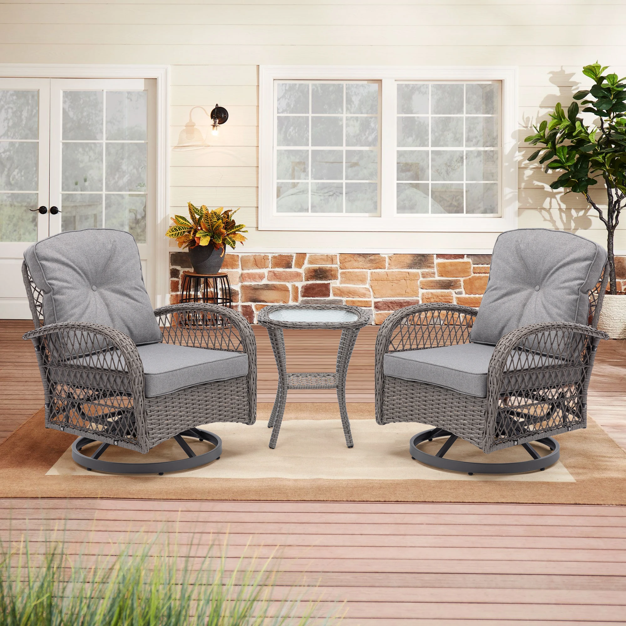 3 Pieces Outdoor Swivel Rocker Patio Chairs, 360 Degree Rocking Patio Conversation Set with Thickened Cushions and Glass Coffee