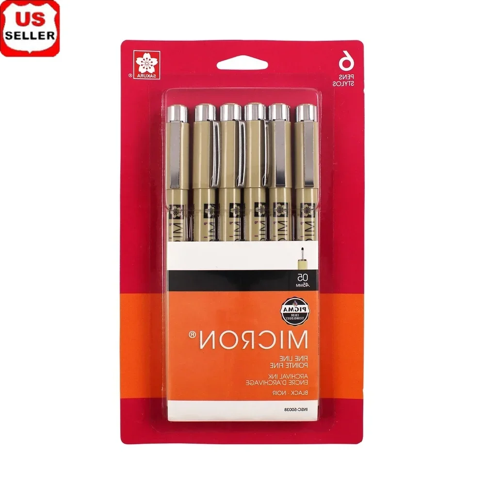 

Sakura Micron Fineliner Pens 6 Pack Archival Ink Waterproof Fade Resistant Fine Point Artists Writers Illustrators 0.45mm Tip