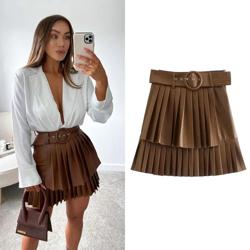 

2024 Autumn New Brown Pu Women Leather Skirt Belt Fashion Sprint Cascading Pleated High Waist Female Cake Skirts