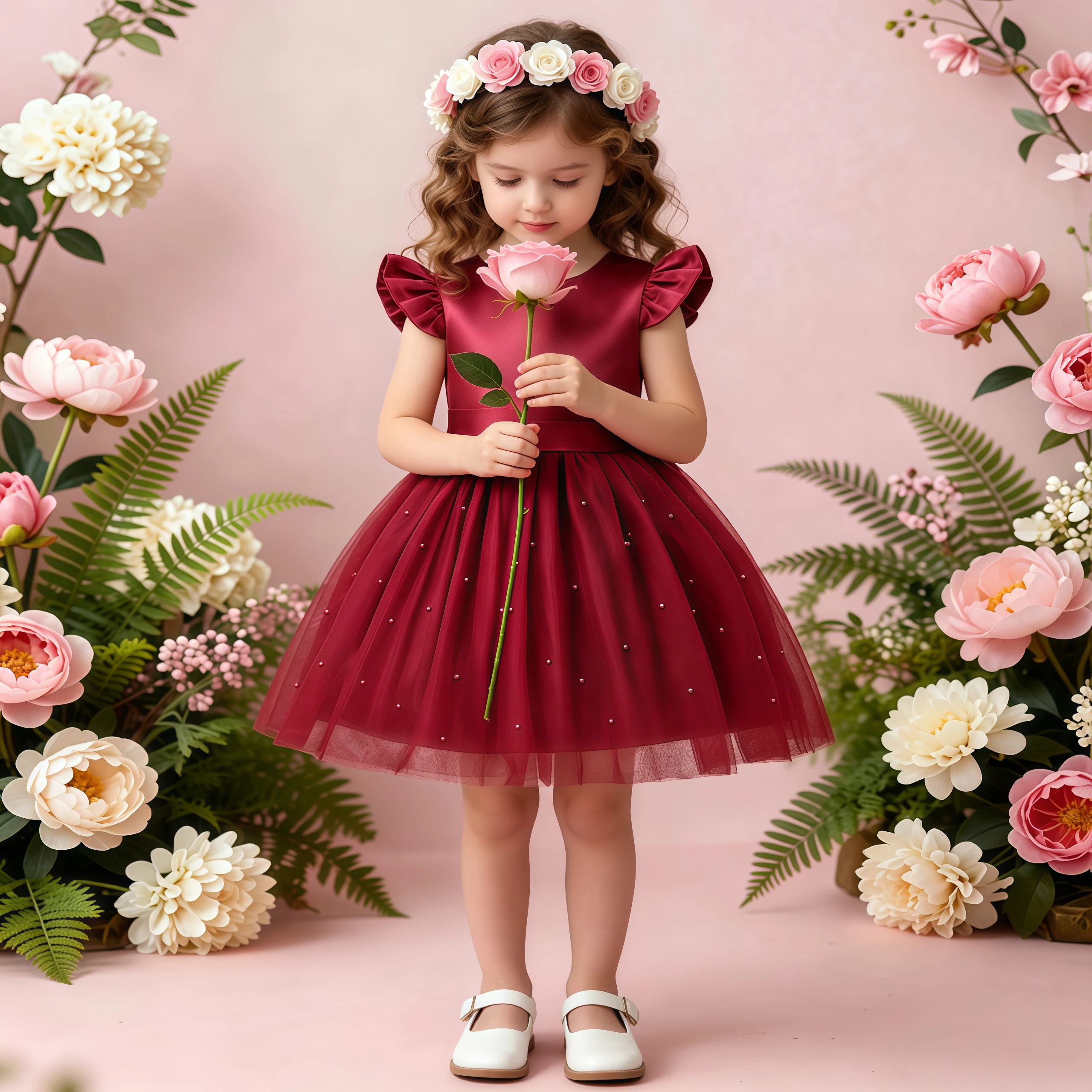Kids Christmas Young Girls Party Dress Flutter Sleeves V Back Mesh Tutu Dress For Wedding Piano Performance Birthday Vestidos