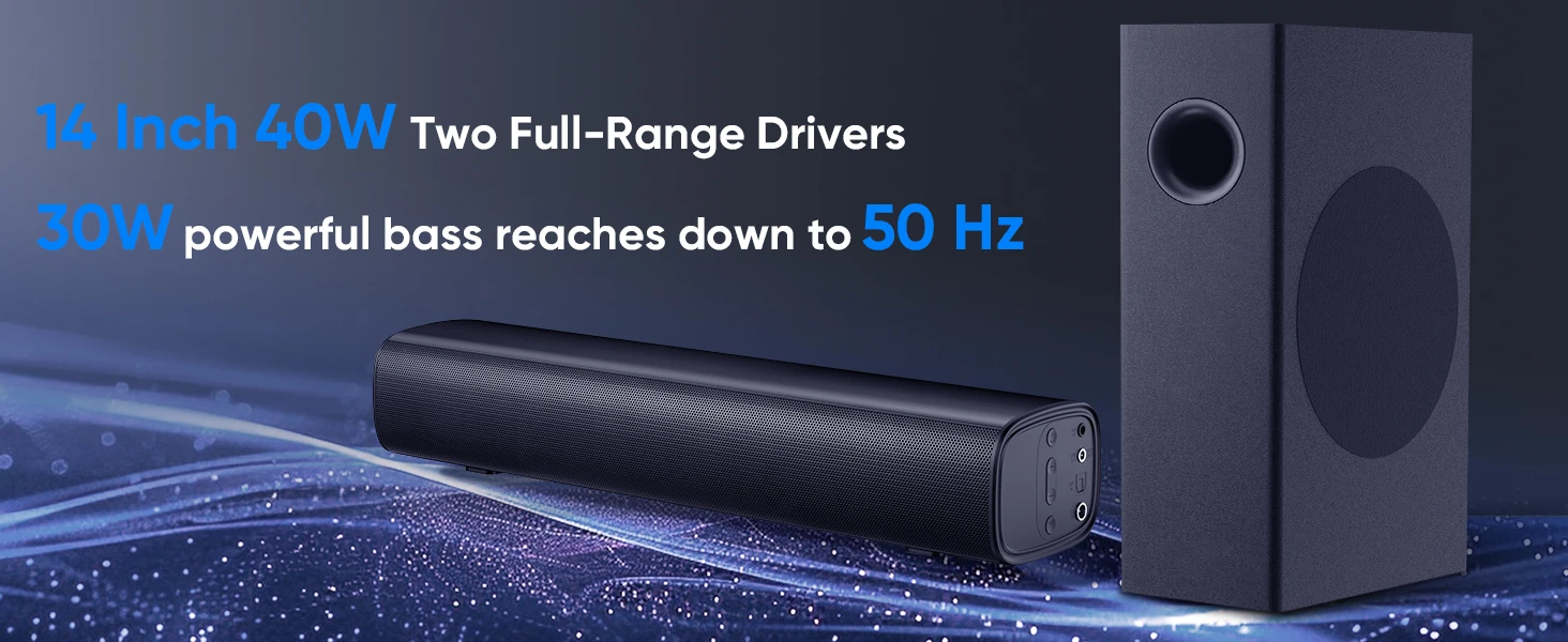 70W 2.1-Channel Compact Soundbar System with 14.2-Inch Soundbar and 4-Inch Subwoofer, Enhanced Surround Audio for TV and Home Theater, Bluetooth/Optical/Auxiliary Inputs