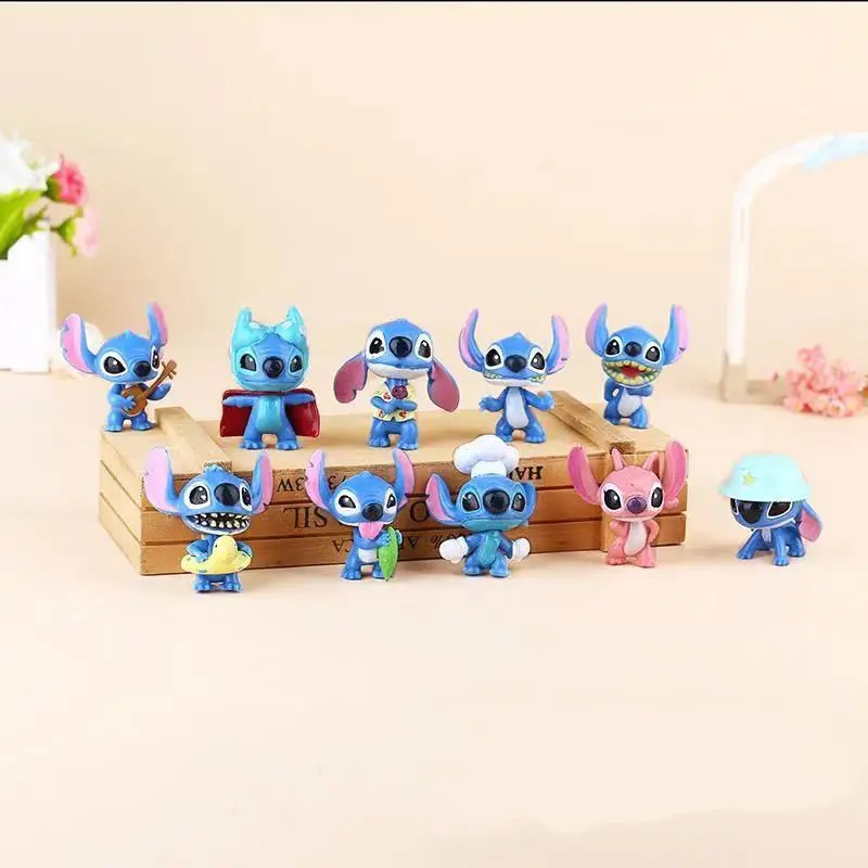 10 buah figur Anime Disney Stitch boneka kartun mainan PVC versi Q kue ulang tahun memanggang Dekorasi mainan liontin hadiah anak-anak