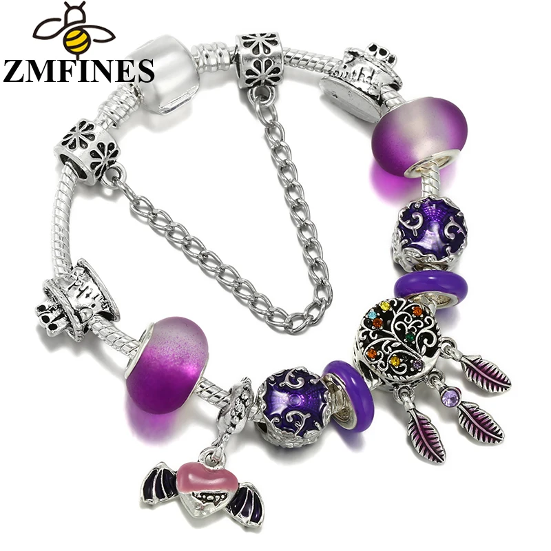 Purple Style Beads Pendant DIY Snake Chain Charm Bracelet For Women Girl Fashion Party Jewelry Dropshipping