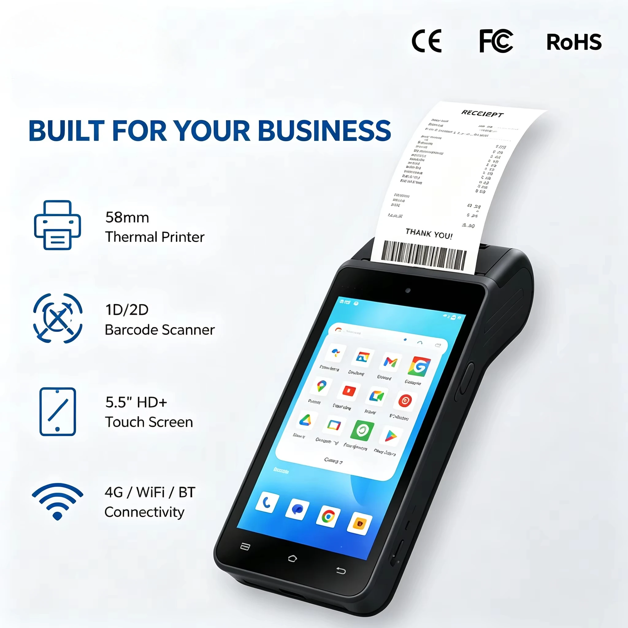 SP580 Android 14.0 Mobile Handheld Scanning Pos Terminal Machine All In One Receipt Printing 5.5 Inch Touch Screen Mobile POS