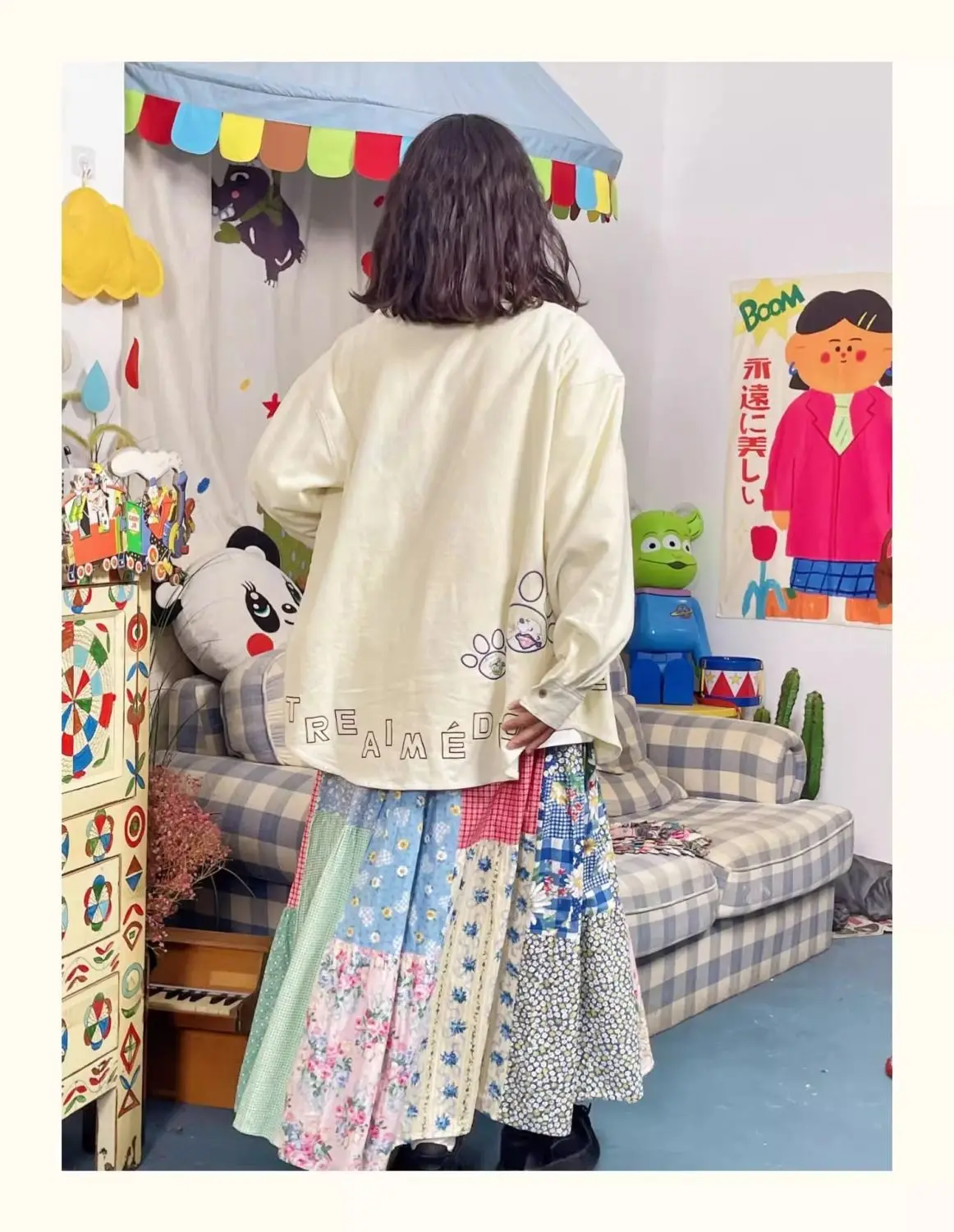 Skirt Printed Patchwork Colorful Half High Waist Korean Women 2024 Spring Summer Fabric Commuting Loose Fitting A-Line Skirt New
