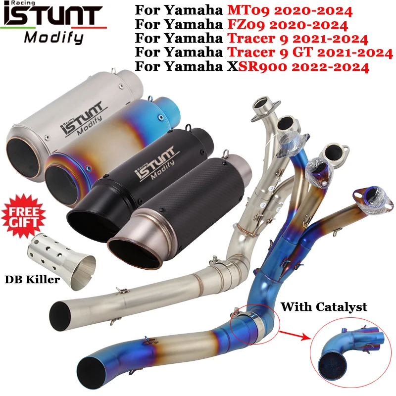 Motorcycle Exhaust Full Escape Catalyst For Yamaha MT09 Tracer 9 GT XSR900 2020-2024 Front Link Pipe Carbon Muffler DB Killer