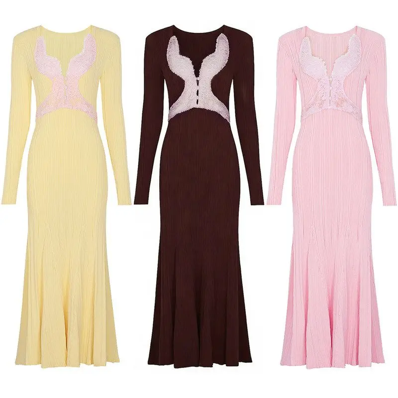 

Элегантное высококачественное длинное кружевное платье с V-образным вырезом, стройнящее, сексуальное, весенне-летнее, новое модное, в женственном стиле, миди, из плотной ткани