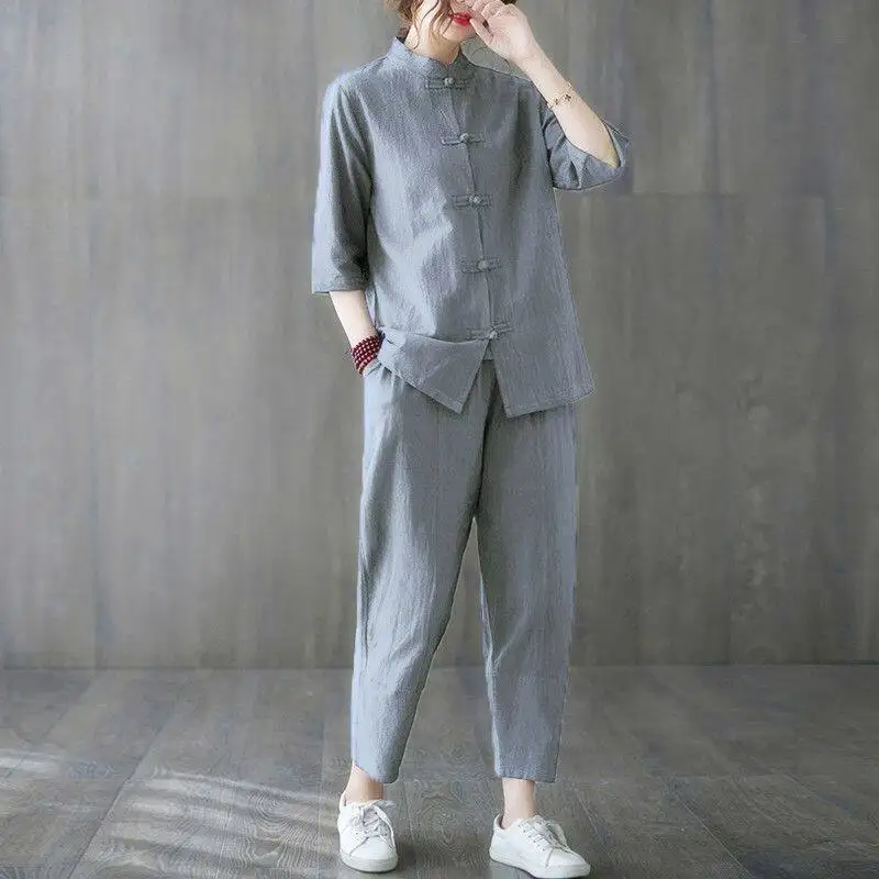 

2pcs Buddhist Women's Clothing 2026 Chinese Style Retro Cotton and Linen Zen Tea Clothing Yoga Suit