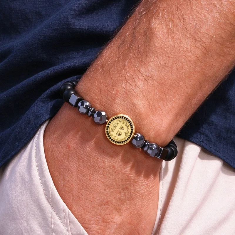 Fashion Male Luxury Bitcoin Bracelet Man Black Stone Men's BTS Bracelets For Man Accessories Jewelry Pulseras Hombre