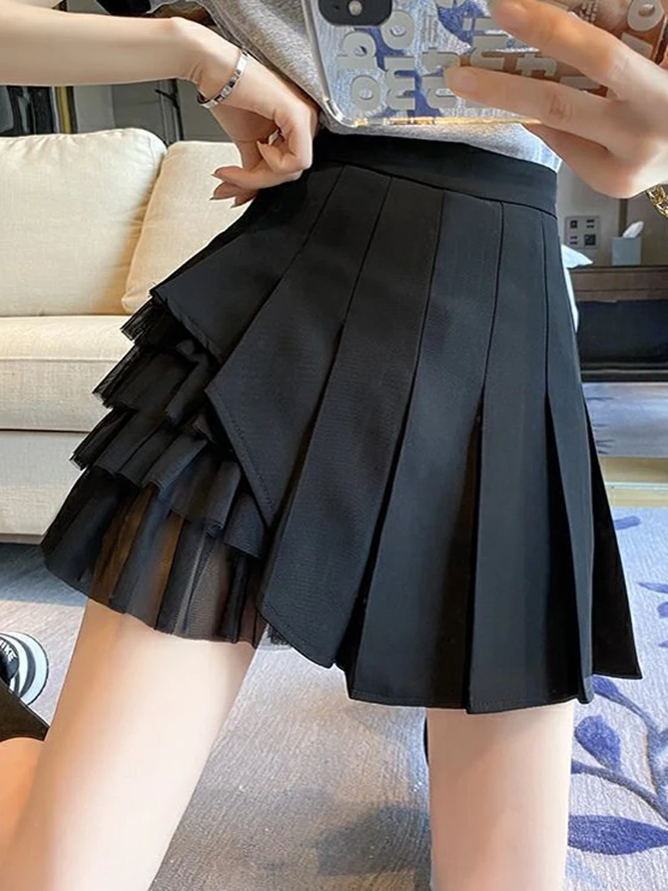 Zoki Sexy Mesh Patchwork Pleated Skirt Women Fashion High Waist A Line Mini Skirt Korean Preppy Style Student Dance Skirt Summer