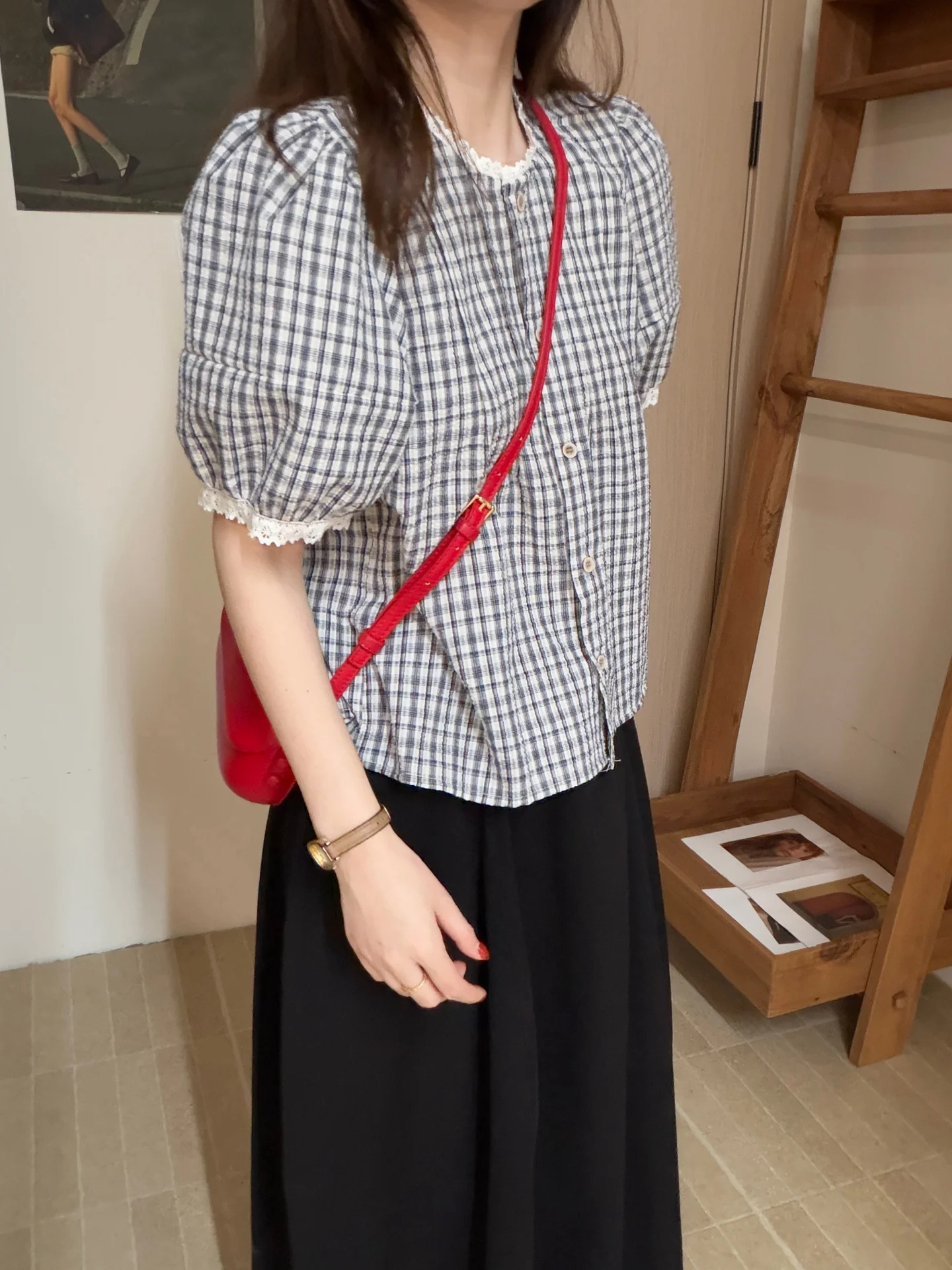 

Элегантная женская рубашка с коротким рукавом и рукавами-фонариками, в клетку, летняя, 2026, новая коллекция, в стиле Forest System, повседневная, свободного кроя, дышащая