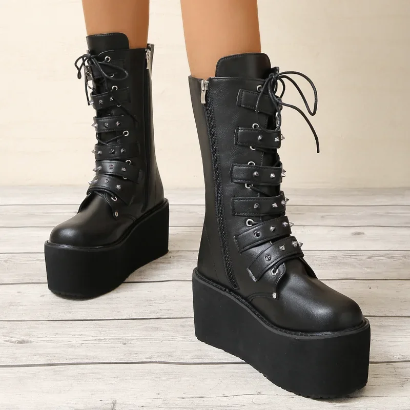 Plus Size43 Platform Boots Gothic Woman Lady Buckle Autumn Shoes Women Knee High Punk Street Cosplay Botas Motorcycle Footwear