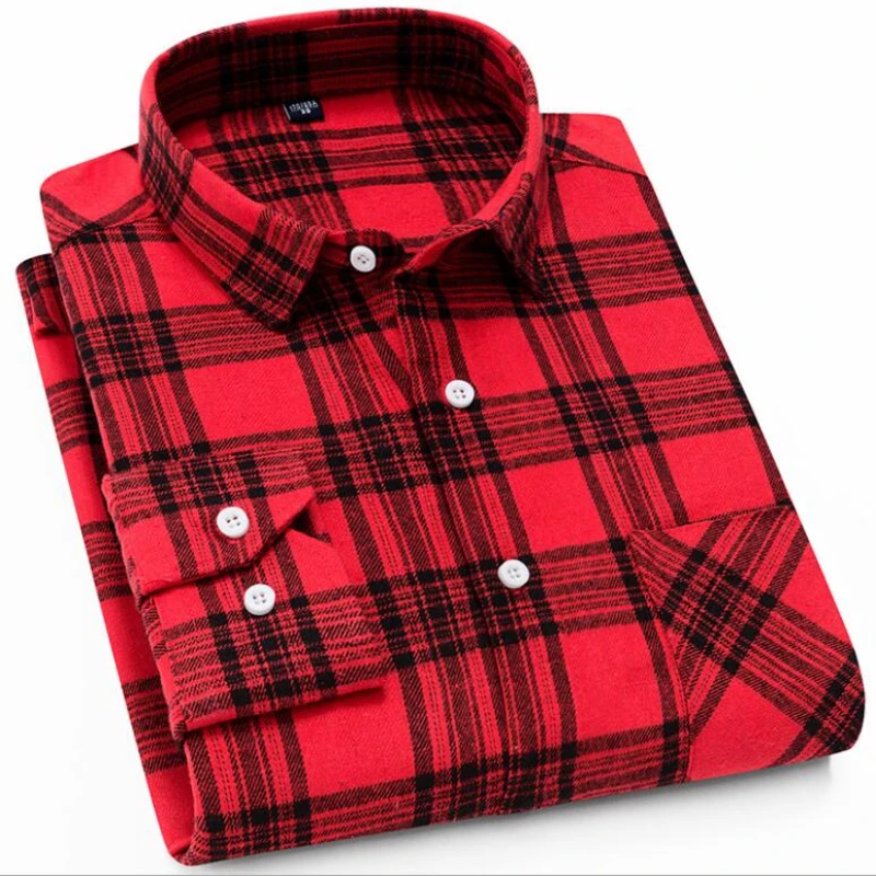 

2026 Men Flannel Plaid Cotton Shirt Chest Pocket Smart Casual Classic Contrast Standard-fit Long Sleeve Shirts