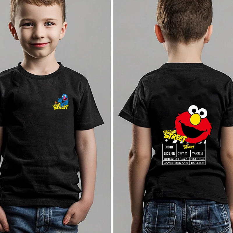 Sesame Street Printed Kids T-shirt Summer Children's Cotton Short Sleeve Suitable for Boys and Girls Black Casual Tops