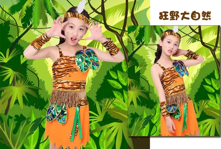 Halloween Party Cosplay Kostüm Kinder Savage Caveman Kostüme Junge Leopard Afrikanische Tribal Hunter Indische Kleidung Mädchen Junge