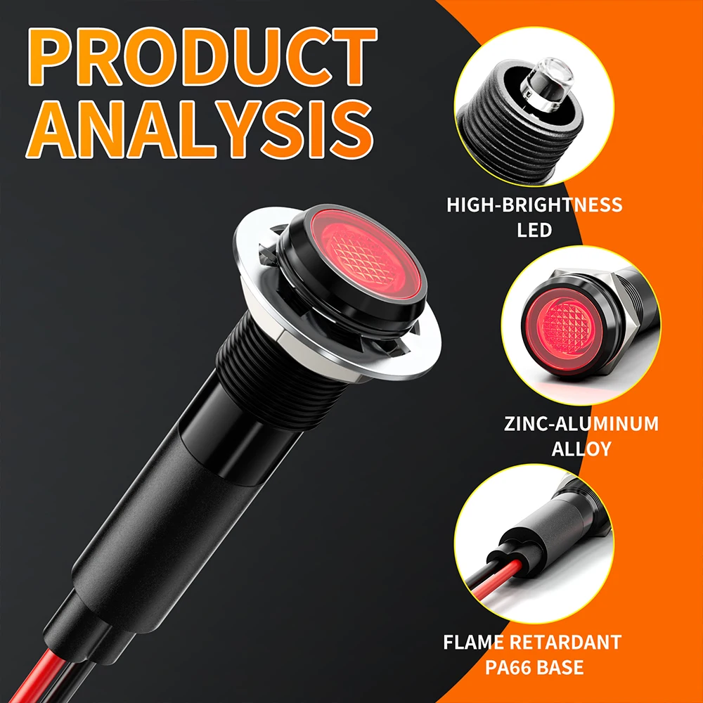 FILN 5 SZTUK 8mm Metalowe LED-owe Lampki Kontrolne Płaskie, Sygnalizacyjne, Ostrzegawcze, Wodoodporne IP67, 5-24V do Samochodu, Łodzi, Jachtu