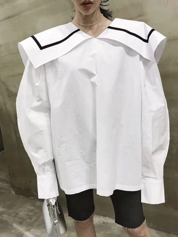 

Slimming Effect Loose Navy Collar irt for Women Early Spring Faionable Anti-Aging Trendy Long Sve Commute Sle Top