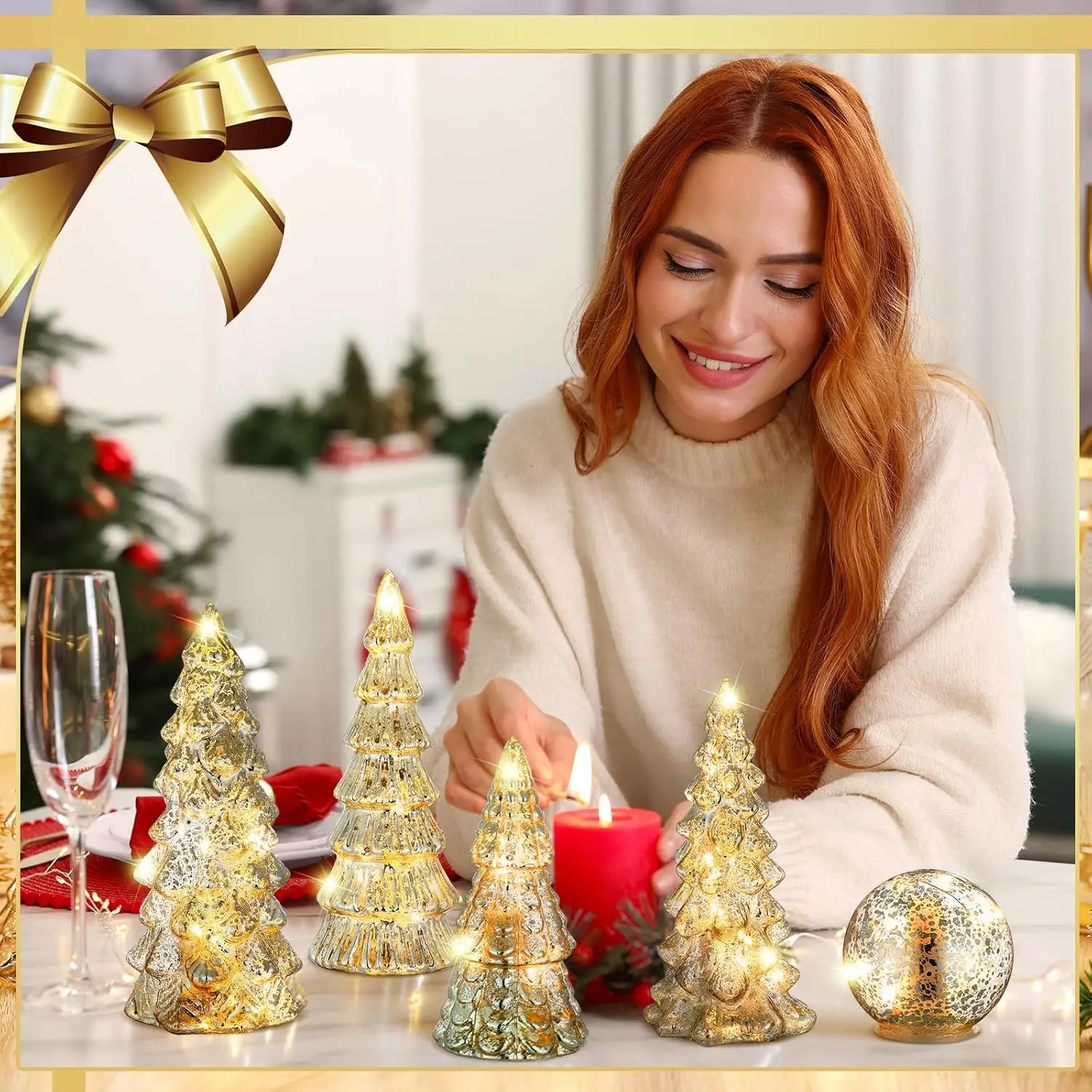 Árbol de Navidad de cristal de mercurio plateado con luz para decoración de mesa, centro de mesa para fiesta en casa, regalo de repisa, 6 uds.