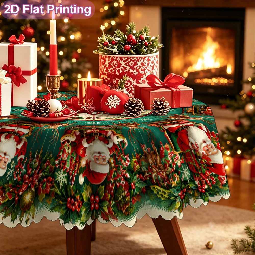 Pack of 1, Round Tablecloth, Christmas Arctic Santa Reindeer Tablecloth - Soft Material