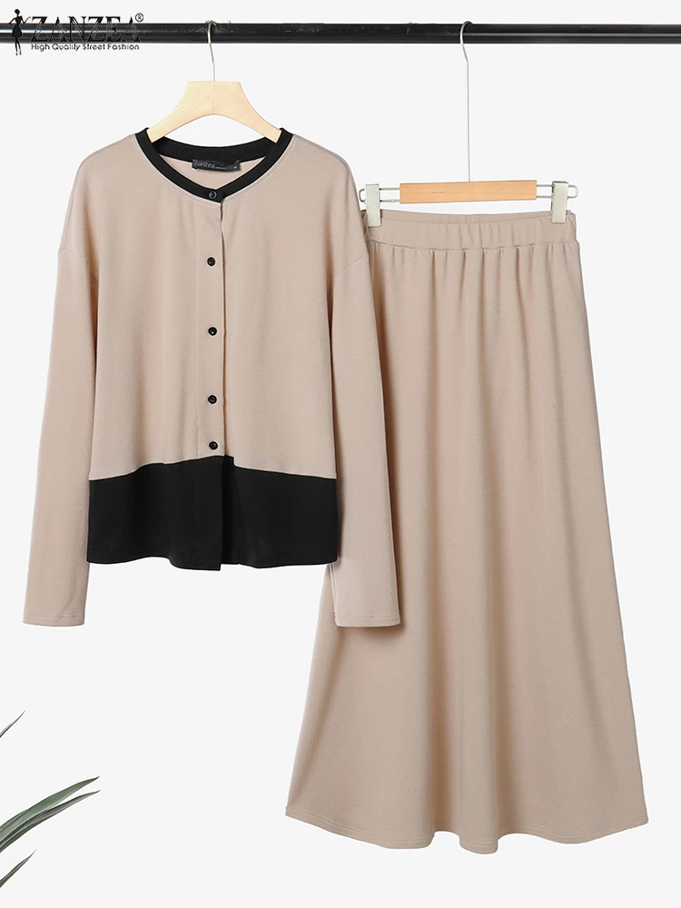 

ZANZEA Женские элегантные трикотажные комплекты платьев 2025 Осень Цветные лоскутные рубашки с длинными рукавами и макси-юбки Повседневная мода Свободные 2 шт.