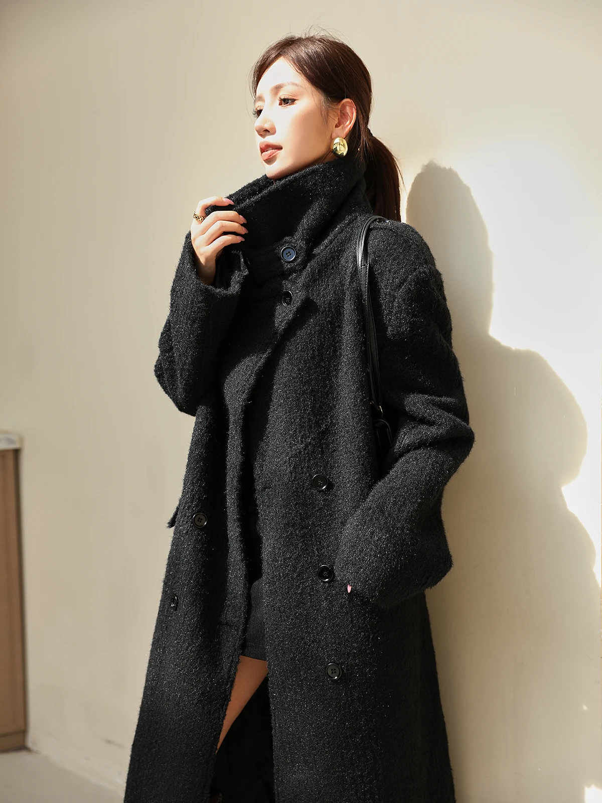 

Thiened Winter Coat Women's Bla Loose Long Woolen Jaet Korean Sle Commute Polyester Fiber 00% Polyurethane 00%