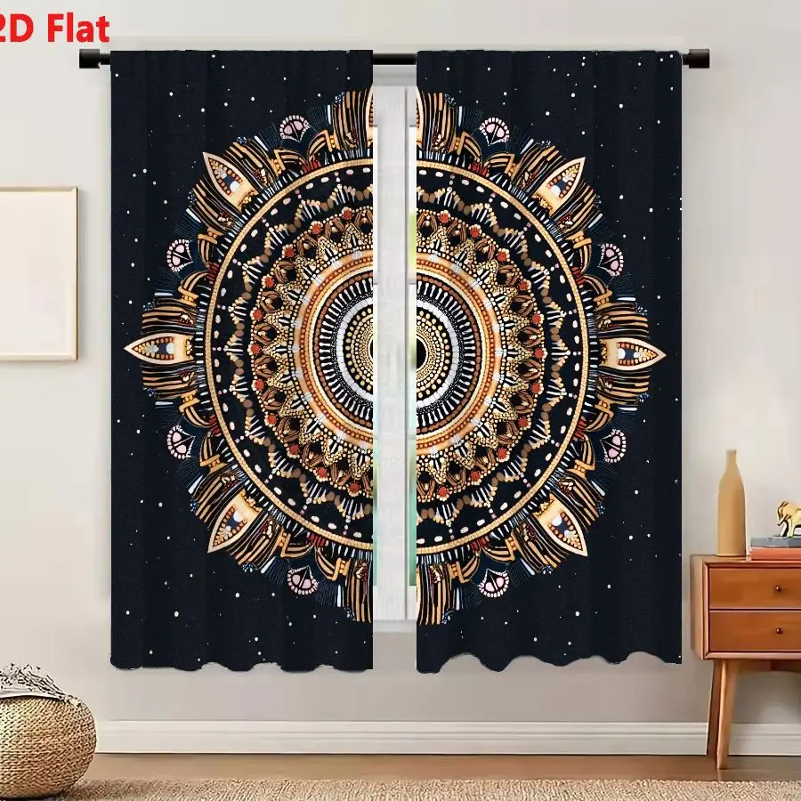 2Pcs Curtains 2D Flat Intricate Symmetrical Mandala Design With Concentric Circular Layers Geometric Floral Patterns In Warm Gol