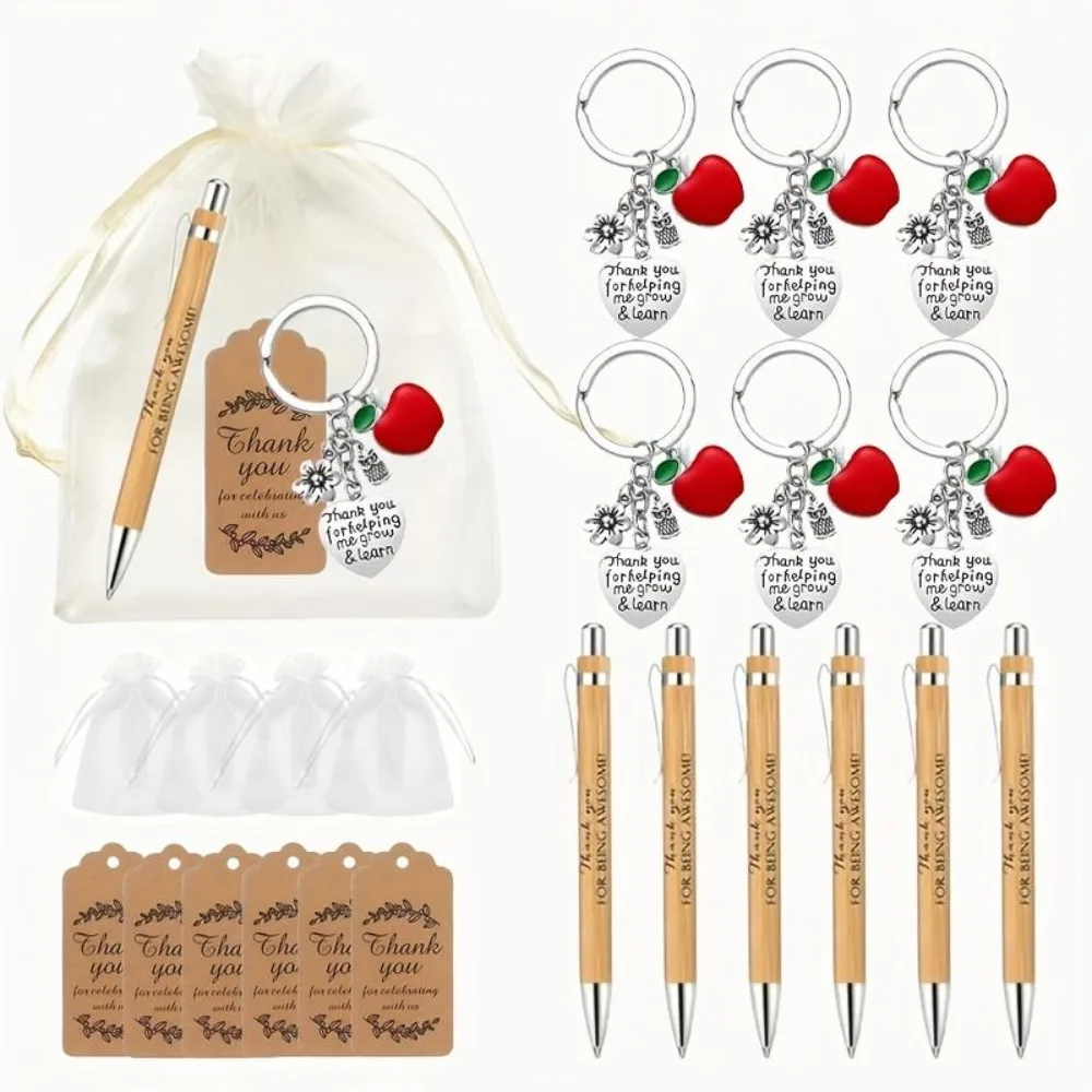 Teacher Appreciation Gift Set 24pcs 6sets Bamboo Pen Keychain Thank You Card Bag for School Graduation Retirement Holiday