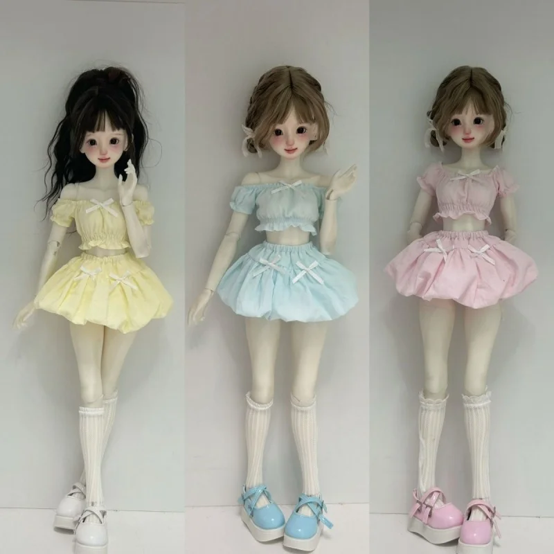 

bjd doll clothes are suitable for 1/4 1/6 size puffed-sleeve tops and flower bud short skirts as doll accessories