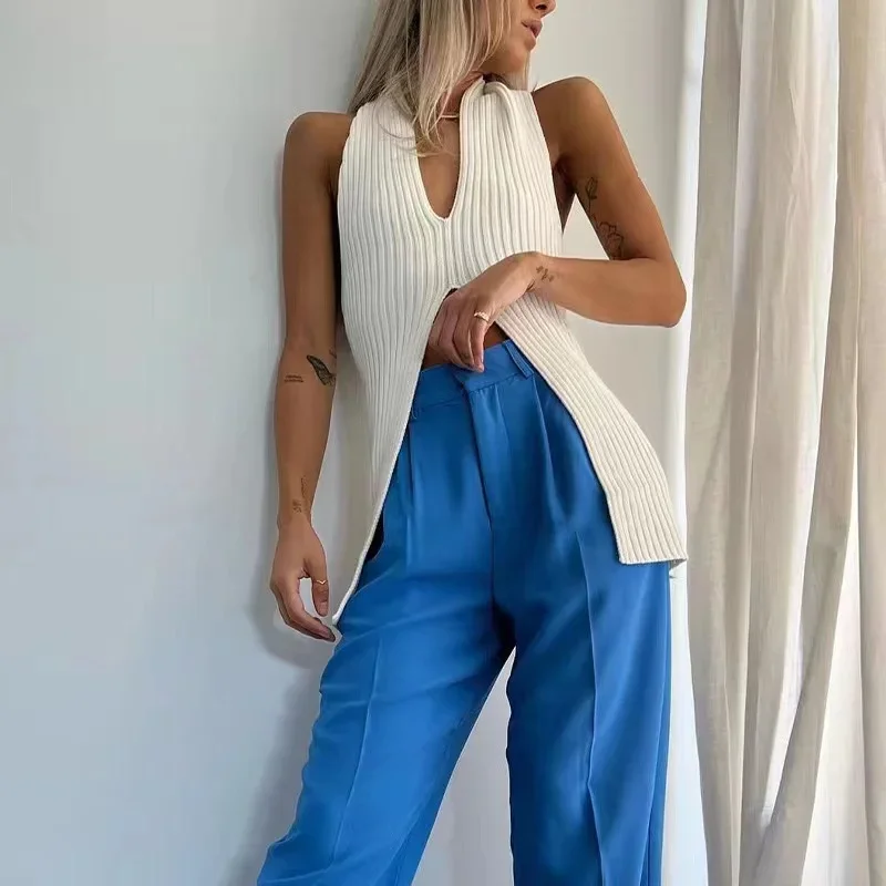 

CPSYMYM Plunge Slit Front Tank Top Women Sleeveless Rib-knit Camis and Tanks Top Summer Ladies Korean Fashion Chic Vacation Beac