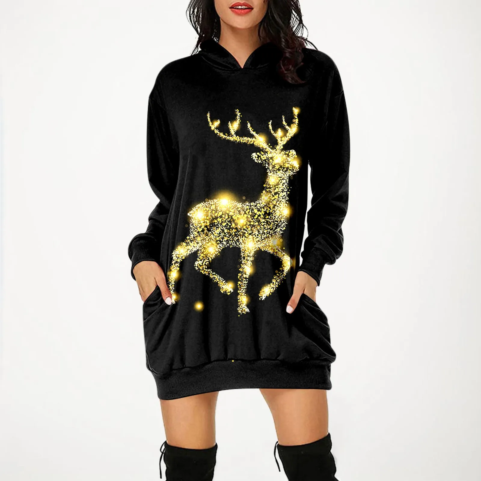 

Womens Christmas Hoodie Dress Xmas Elk Printed Hooded Long Sleeve Sweatshirt Dress Harajuku Loose Pockets Pullover Mini Dresses