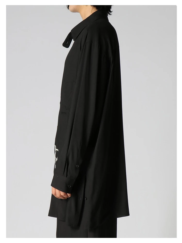 Tassel Embroidery Unisex Shirt Oversized Yamamoto-Style Homme Black Shirt Tops For Man Black Shirts And Blouses