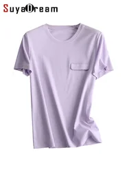 SuyaDream 2022 Woman Summer Tee Silk Acetate Blend Crew Neck Short Sleeved Solid Cosy T Shirt Candy Colors Top